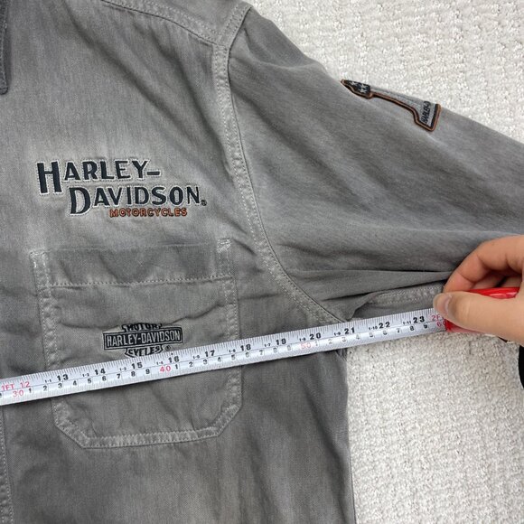 Y2K Harley-Davidson Men’s Gray Denim Button Shirt Embroidered Logo Patches Read - Picture 6 of 15